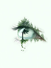 Eye reflecting nature, tree in pupil, misty landscape, environmental concept, digital art
