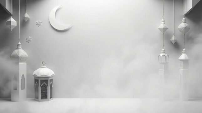 3d illustration of a mosque with golden moon and stars ornament, Ramadhan Kareem concept