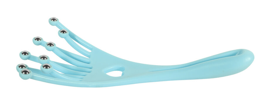 Modern blue plastic massage device massage back scratcher with rolling metal balls isolated on white background. Wellness equipment items 