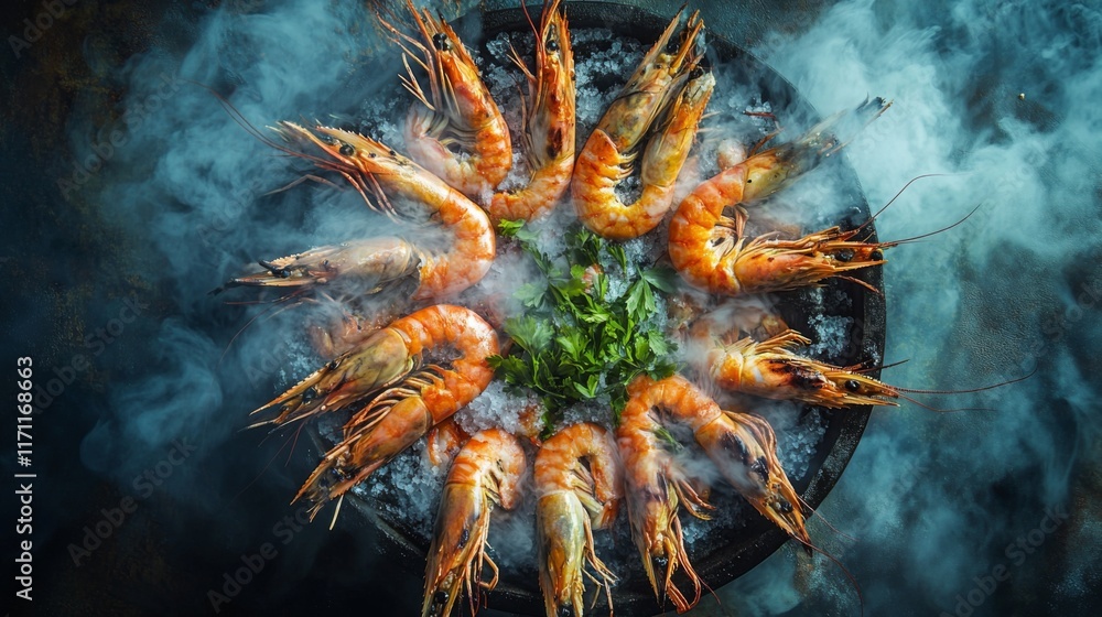 Poster a top-down view of large grilled prawns arranged in a circle on a platter, with steam rising and a g