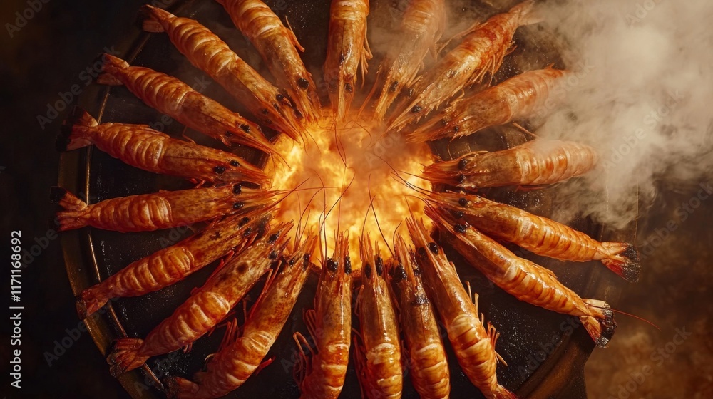 Poster a top-down view of large grilled prawns arranged in a circle on a platter, with steam rising and a g