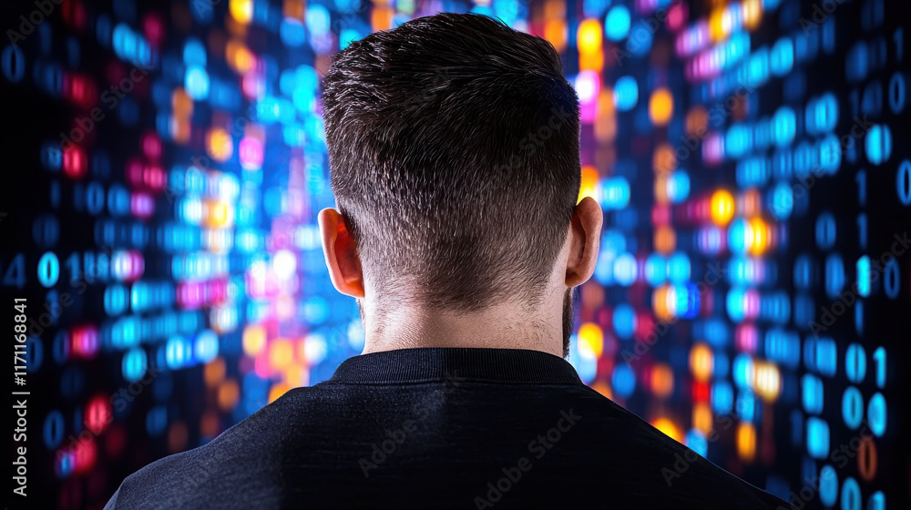 Leinwandbilder Man facing colorful digital screen filled with binary code, representing technology and data analysis. vibrant lights create mysterious atmosphere