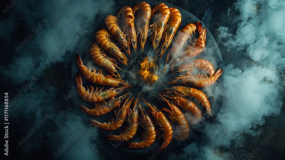 Poster a top-down view of large grilled prawns arranged in a circle on a platter, with steam rising and a g