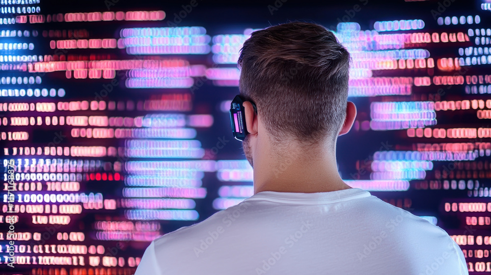Poster hacker shadowy figure stands before screen filled with colorful code, immersed in digital world. vibrant display reflects intensity of cyber environment