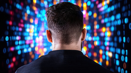 Man facing colorful digital screen filled with binary code, representing technology and data analysis. vibrant lights create mysterious atmosphere