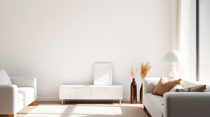 Photographic Minimalist Interior with Pale Furniture, Empty Photo Frame and Dried Flowers