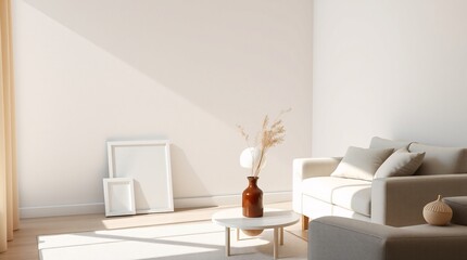 Photographic Minimalist Interior with Pale Furniture, Empty Photo Frame and Dried Flowers