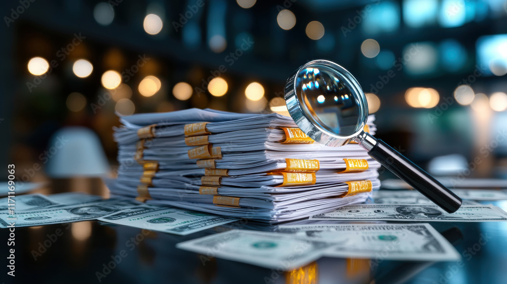 Aufkleber hand holding magnifying glass over stack of bills, emphasizing financial scrutiny and analysis. scen