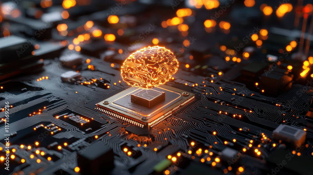 Aufkleber high resolution close up of AI chip with glowing brain design, showcasing intricate circuitry and vibrant lights. This represents advanced technology and innovation