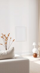 Photographic Minimalist Interior with Pale Furniture, Empty Photo Frame and Dried Flowers