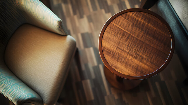 A top-down view of a nightstand in a hotel room with a cozy, blurred background, providing an empty wooden surface for product display and customization in a flawless with copy space 