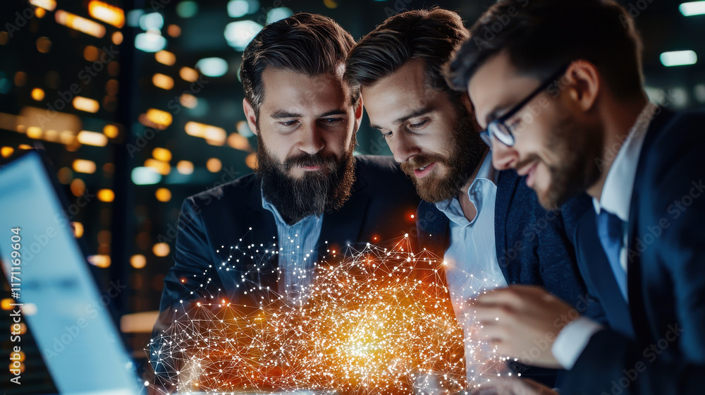Aufkleber Innovative professionals collaborating on AI research in modern workspace, showcasing technology and teamwork. Their focus on high tech solutions highlights future of innovation