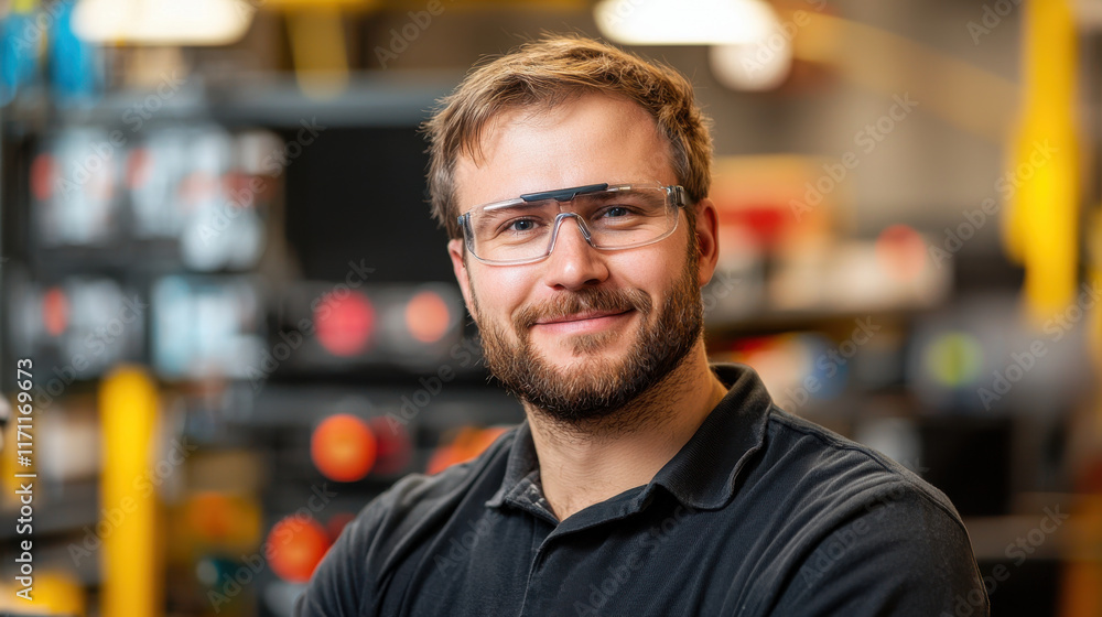 Leinwandbilder smiling man wearing safety glasses in workshop environment, showcasing friendly demeanor. background