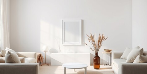 Fototapeta premium Photographic Minimalist Interior with Pale Furniture, Empty Photo Frame and Dried Flowers