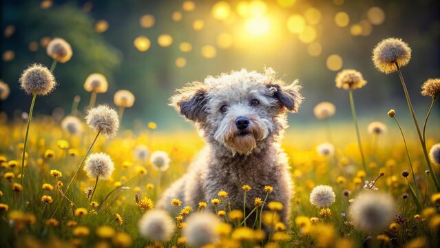 Surreal Hungarian Pumi Dog in a Dreamlike Meadow, Floating Amidst Dandelions