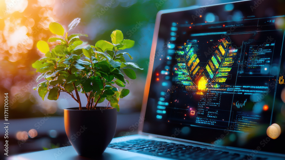Leinwandbilder modern workspace featuring laptop displaying advanced technology graphics and potted plant, creating