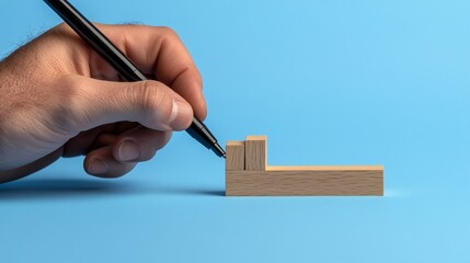 A hand holding a pen near a wooden block structure on a blue background.