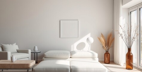 Photographic Minimalist Interior with Pale Furniture, Empty Photo Frame and Dried Flowers