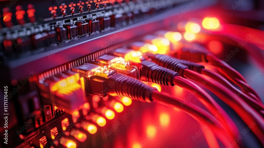 Aufkleber networking cables connect to a server, illuminated by red lights in a dim environment, showcasing mo