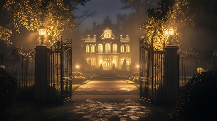 A grand mansion at night, illuminated by warm light, shrouded in a foggy garden, with large wrought iron 