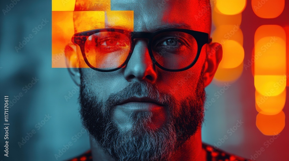 Poster creative portrait of a man with glasses reflecting colorful light patterns in an artistic urban sett