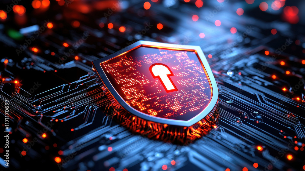 Fototapete digital shield symbolizing cybersecurity, featuring lock and code fragments, represents protection a