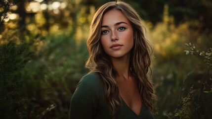 Naklejka premium Natural portrait of a young woman amidst lush greenery during golden hour