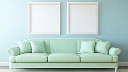 Fototapeta premium Mint green sofa with two blank frames on a light blue wall. (1)