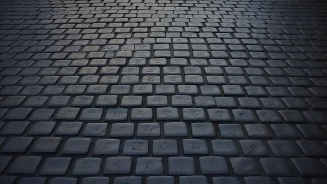 Cobblestone street with irregular dark gray stones arranged in a repeating pattern