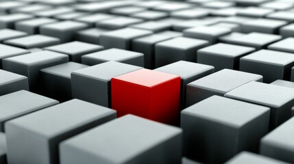 Unique Red Block Among Gray Cubes in 3D Style