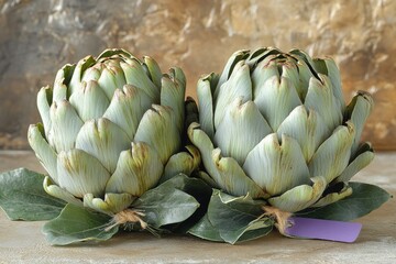 Obraz premium Artichokes displayed on a textured background with leaves and a tag showcasing their fresh and vibrant appearance