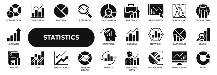 Naklejka premium Set of vector solid icons related to statistics, data analysis, infographic. Symbols for website or app ui, logo design, illustration