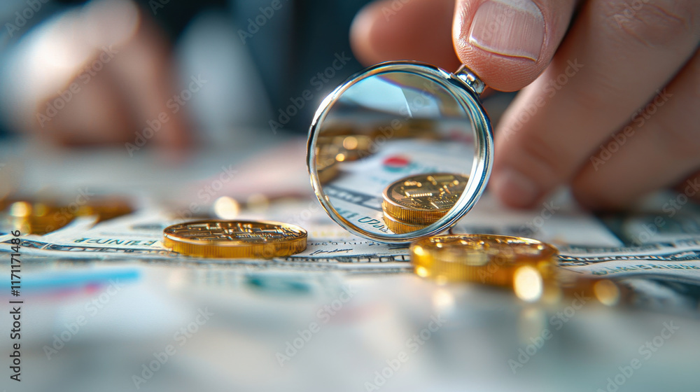 Poster analyzing financial data with magnifying glass over currency notes and coins, showcasing attention t