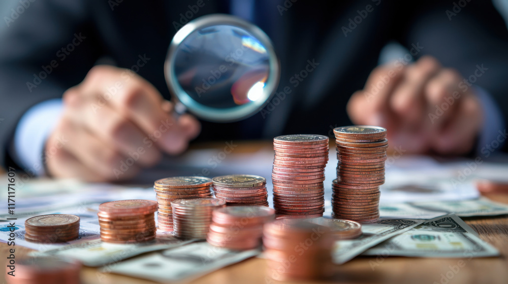 Poster Analyzing financial data with magnifying glass over stacked coins and currency notes, showcasing attention to detail in finance