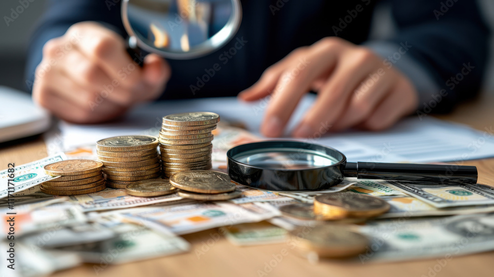 Poster analyzing financial reports with currency notes and coins, person examines money closely using magni