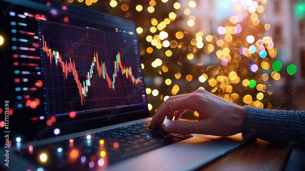 Fototapete analyzing data on laptop with colorful analytics tool and festive lights. vibrant chart displays tre
