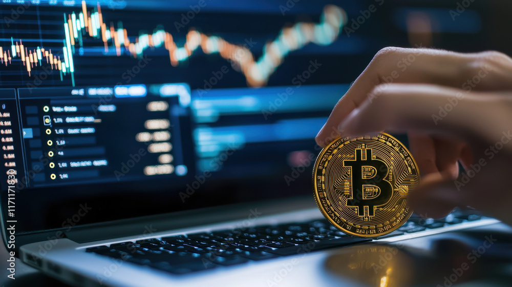 Poster person learning cryptocurrency trading basics while holding bitcoin. image showcases laptop with tra