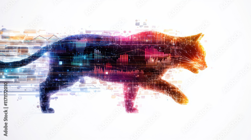 Fototapete digital cat silhouette with colorful data visualization elements, symbolizing technology and analyti