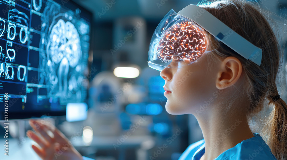 Leinwandbilder person wearing brain computer interface device interacts with digital display, showcasing brain activity and neural connections. scene highlights technology and innovation in neuroscience