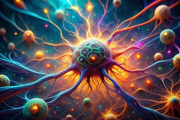 Surreal Microscopic View: Labeled Diagram of a Nerve Cell