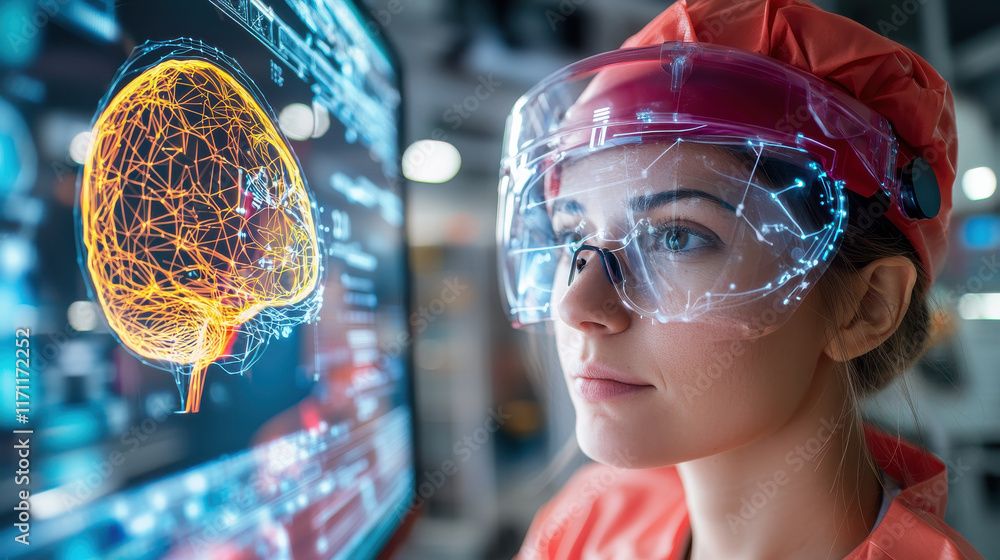 Aufkleber person wearing brain computer interface device observes digital brain visualization. scene captures 