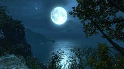 Fototapeta premium A serene night scene featuring a full moon over a calm sea.