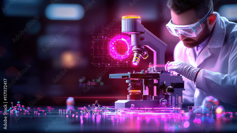 Aufkleber person in lab coat examines high tech microscope, showcasing advanced technology and scientific research. vibrant colors and glowing elements create engaging atmosphere