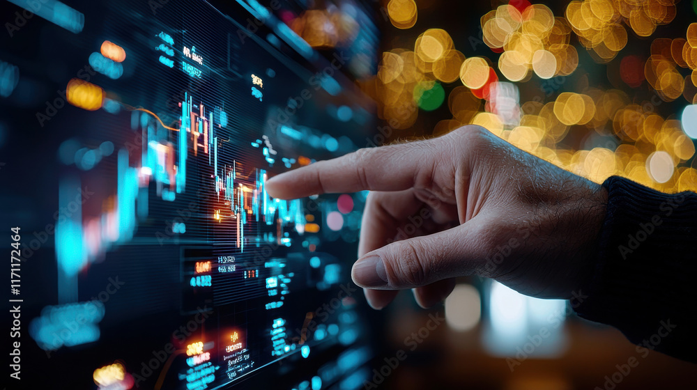 Poster person analyzing financial dashboard with graphs and data, showcasing trends and insights. background features blurred lights, creating dynamic atmosphere