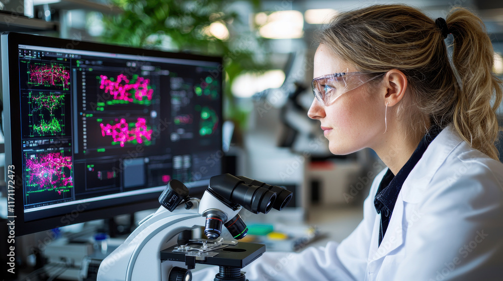 Poster person in lab coat is focused on analyzing data from high tech microscope, surrounded by advanced technology and vibrant graphics on screen