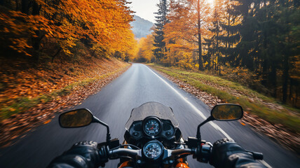 riding a motor during autumn in the mountains during mid-day with a frontal angle 