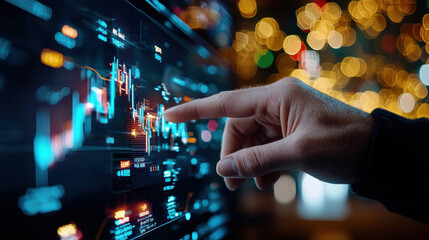 person analyzing financial dashboard with graphs and data, showcasing trends and insights. background features blurred lights, creating dynamic atmosphere