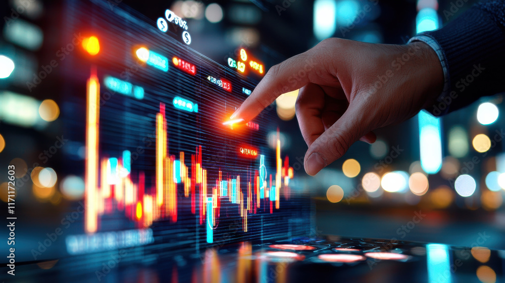 Fototapete person analyzing financial dashboard with colorful graphs and data, showcasing trends and statistics