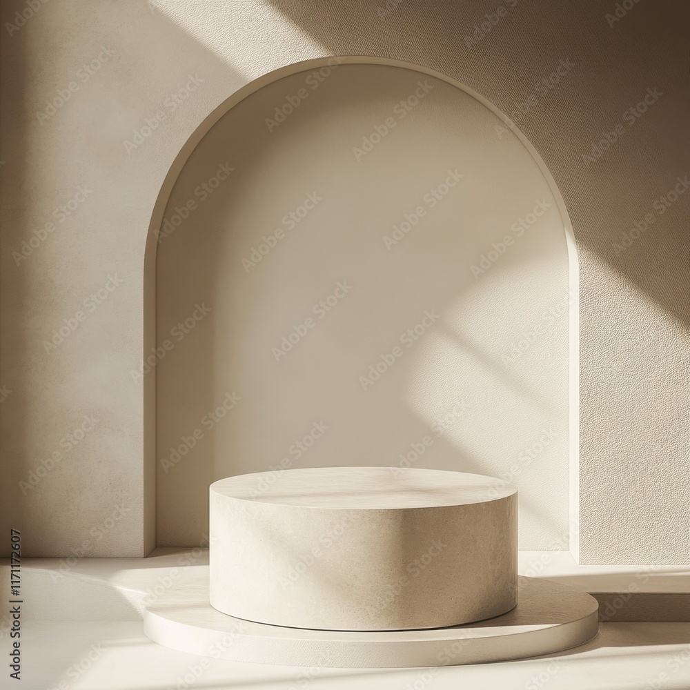 Poster minimalist display setting with a circular pedestal and softly lit arch in neutral tones during dayl