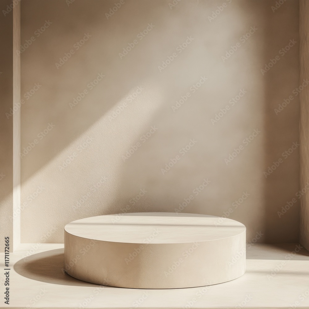 Poster natural light casts soft shadows on a minimalist display pedestal in a neutral-toned interior space,